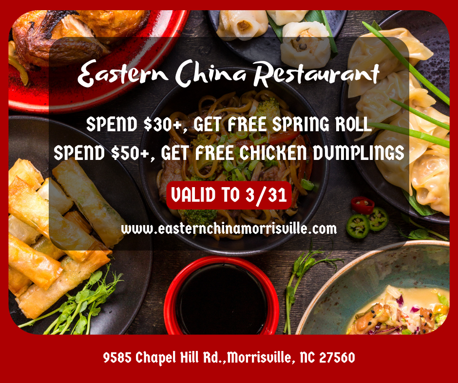 Eastern China Restaurant promo (valid to 3/31): $30+ gets free spring roll; $50+ gets free chicken dumplings.